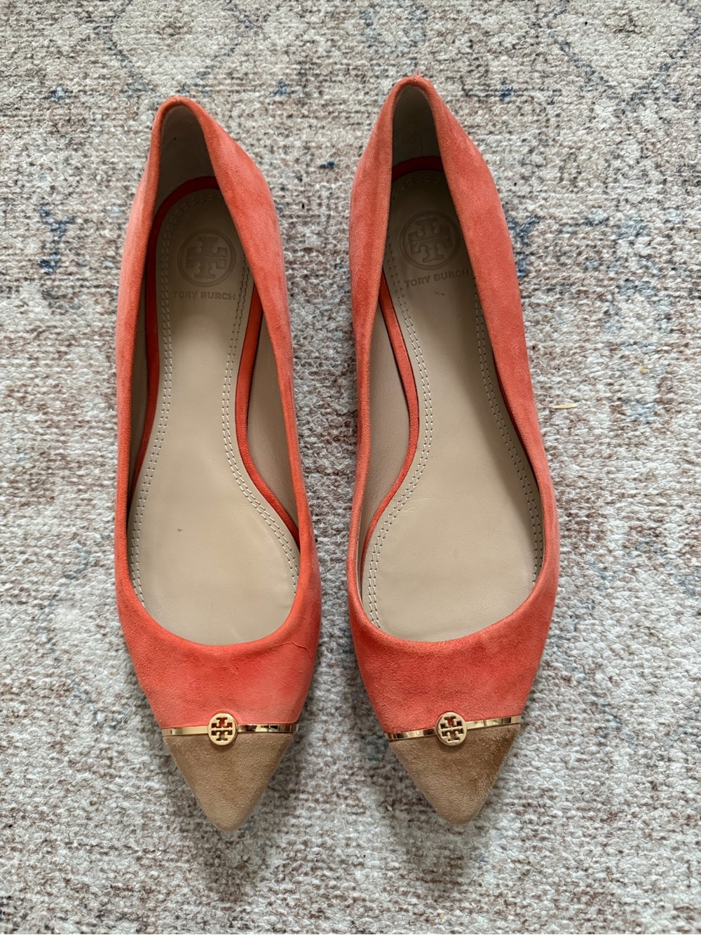 Tory Burch Women's Orange Suede Pointed Toe Ballet Flats. Size 7 1/2